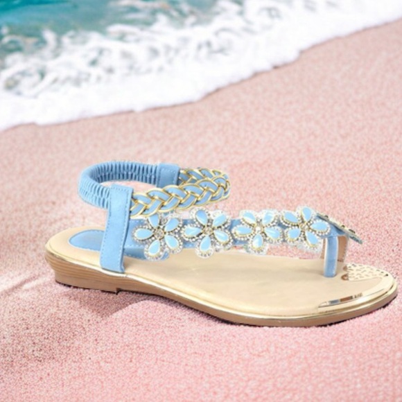 3 Left! Italina Peach Floral Gold Metallic Braided Rhinestone Low Heeled Sandal - Picture 6 of 7